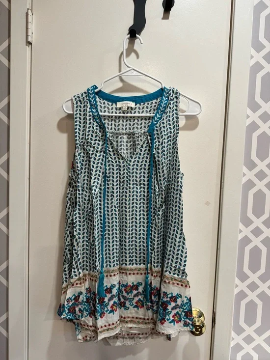 Umgee White Tunic with Teal Accents and Multicolor Floral Border - Picture 7 of 11